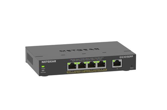 Picture of NETGEAR 5-Port Gigabit Ethernet High-Power PoE+ Plus Switch (GS305EPP) Managed L2/L3 Gigabit Ethernet (10/100/1000) Power over Ethernet (PoE) Black