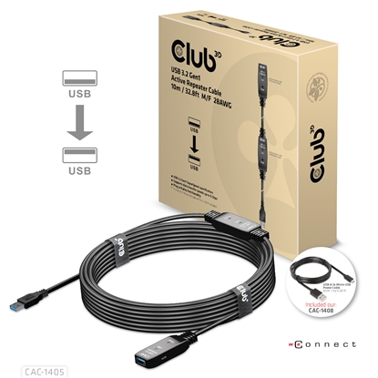 Attēls no CLUB3D USB 3.2 Gen1 Active Repeater Cable 10m / 32.8ft M/F 28AWG