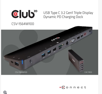 Picture of CLUB3D USB Type C 3.2 Gen1 Triple Display Dynamic PD Charging Dock 100W PD Power charger