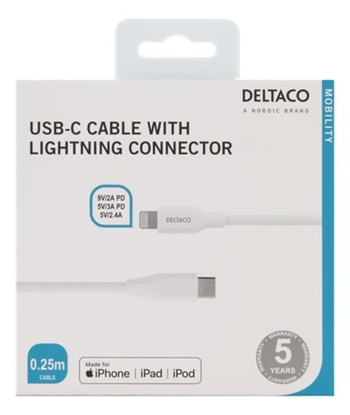 Attēls no Mob. telefono kabelis DELTACO USB-C su Lightning jungtimi, 0,25m, baltas / IPLH-300M