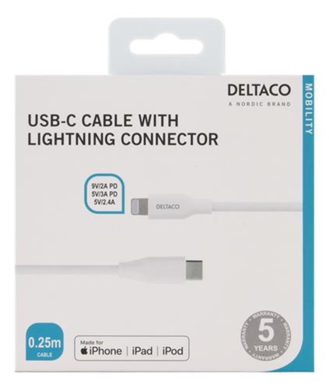 Изображение Mob. telefono kabelis DELTACO USB-C su Lightning jungtimi, 0,25m, baltas / IPLH-300M