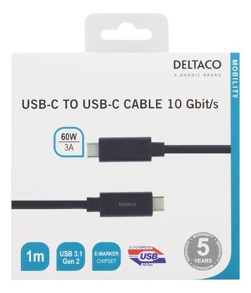 Picture of Mob. telefono kabelis DELTACO USB 3.1 Gen2 "C-C", 10 Gbit/s, 60W, 3A, 1m juodas / USBC-1122M