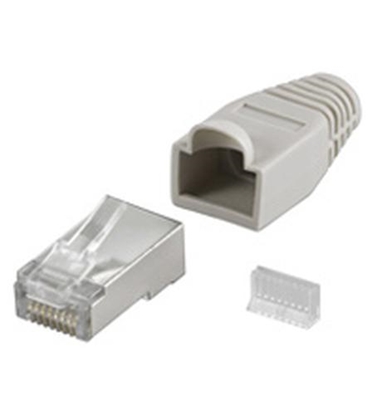 Picture of Goobay 68746  RJ45 plug, CAT 5e STP shielded with strain-relief boot, grey | for round cable with Threader   cable lead in 6.4 mm single packed (1 set per polybag)  Technical specifications  Connections  Connection, type  RJ45 male (8P8C)   Connection, co