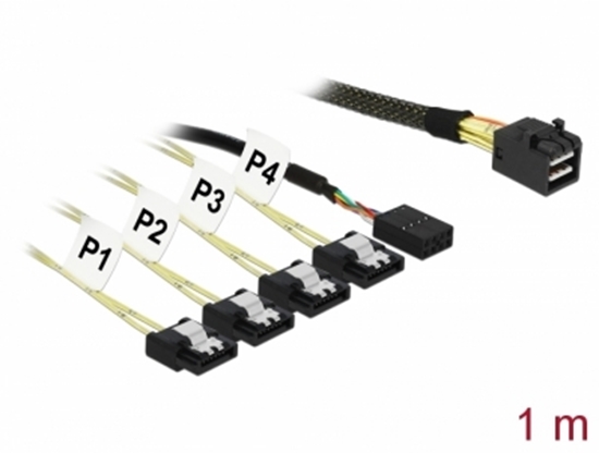 Picture of Delock Kabel Mini SAS HD SFF-8643 > 4 x SATA 7 Pin + Sideband 1 m Metall