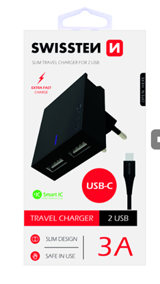 Attēls no Swissten Travel Charger USB 3А / 15W With USB-C Cable 1.2m