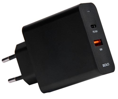 Изображение USB sieninis įkroviklis DELTACO w su dviem prievadais ir PD, 1x USB-A, 1x USB-C, PD, 36W, juodas / U