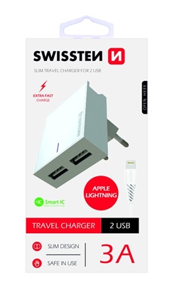 Изображение Swissten Premium Travel Charger 2x USB 3А / 15W With Lightning Cable 1.2m