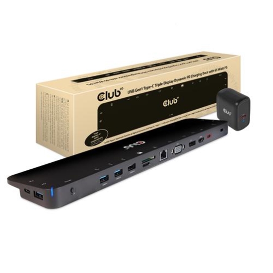 Picture of CLUB3D UNIVERSAL USB Gen1 Type-C Triple Display Dynamic PD Charging Dock with 65 Watt PS ( VGA, HDMI, DP, ETHERNET)