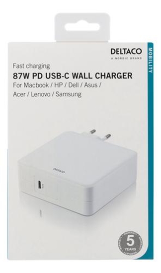 Изображение Zasilacz do laptopa Deltaco DELTACO 87W USB-C maitinimo šaltinis, greitas įkrovimas, USB-C PD, baltas / USBC-AC117