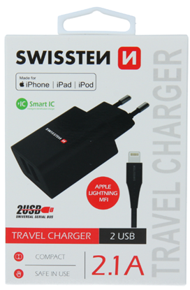 Attēls no Swissten Smart IC Travel Charger 2x USB 2.1A with Lightning MFI Cable 1.2m