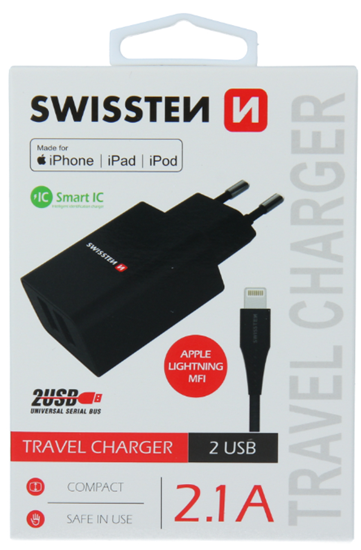 Picture of Swissten Smart IC Travel Charger 2x USB 2.1A with Lightning MFI Cable 1.2m