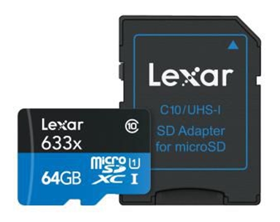 Изображение Atm.kort. LEXAR LEXAR 633X 64GB MICRO SDXC UHS-I HS WITH ADAPTER