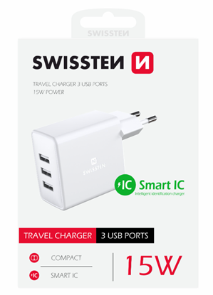 Изображение Swissten Smart IC Travel Charger 3x USB 3А 15W