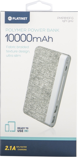 Picture of Platinet power bank 10000mAh Fabric Braided LiPo 2.1A, light grey (44243)