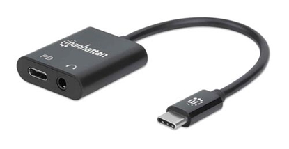 Picture of Manhattan USB-C to Headphone Jack (3.5mm) and USB-C (inc Power Delivery), Black, 480 Mbps (USB 2.0), Cable 11cm, Audio, With Power Delivery to USB-C Port (60W), Equivalent to CDP235APDM , Three Year Warranty, Retail Box