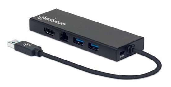 Изображение Manhattan USB-A Dock/Hub, Ports (x5): Ethernet, HDMI, USB-A (x2) and VGA, Micro-USB Power Input Port (Optional, only when additional power needed. Not required for dual monitor functionality. Cable not included), Aluminium, Black, Three Year Warranty, Ret