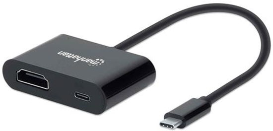 Изображение Manhattan USB-C to HDMI and USB-C (inc Power Delivery), 4K@60Hz, 19.5cm, Black, Power Delivery to USB-C Port (60W), Equivalent to CDP2HDUCP, Male to Females, Lifetime Warranty, Retail Box