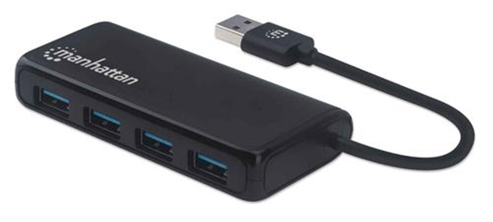 Picture of Manhattan USB-A 4-Port Hub, 4x USB-A Ports, 5 Gbps (USB 3.2 Gen1 aka USB 3.0), Bus Power, Equivalent to ST4300PBU3 & ST4300MINU3B, SuperSpeed USB, Black, Three Year Warranty, Box