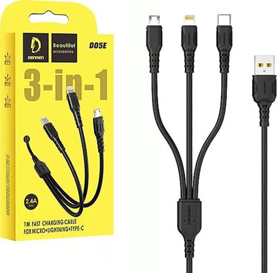 Изображение Kabel USB Denmen USB-A - USB-C + microUSB + Lightning 1 m Czarny (29360)