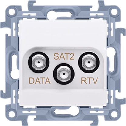 Attēls no Kontakt-Simon Simon 10 Gniazdo antenowe końcowe RTV-DATA-SAT. 1xWE 52400 MHz 3xWY /F/ (RTV:88900 MHz) (DATA: 5900 MHz)( SAT: 9502400 MHz) białe CADSATF.01/11