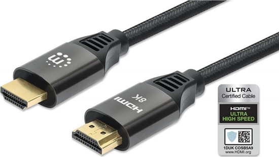 Picture of Manhattan HDMI Cable with Ethernet, 8K@60Hz (Ultra High Speed), 1m (Braided), Male to Male, Black, 4K@120Hz, Ultra HD 4k x 2k, Fully Shielded, Gold Plated Contacts, Lifetime Warranty, Polybag