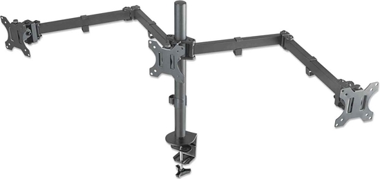 Изображение Manhattan TV & Monitor Mount, Desk, Double-Link Arms, 3 screens, Screen Sizes: 10-27", Black, Clamp Assembly, Triple Screen, VESA 75x75 to 100x100mm, Max 7kg (each), Lifetime Warranty