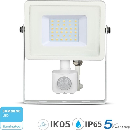 Attēls no Naświetlacz V-TAC Projektor LED 30W 2400lm 6400K Dioda SAMSUNG z czujnikiem ruchu PIR Biały IP65 459