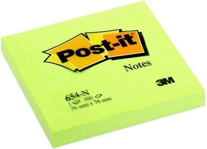 Attēls no Post-it Bloczek neonowy 654N, 76x76mm, jaskrawy zielony, 100 kartek (3M0306)