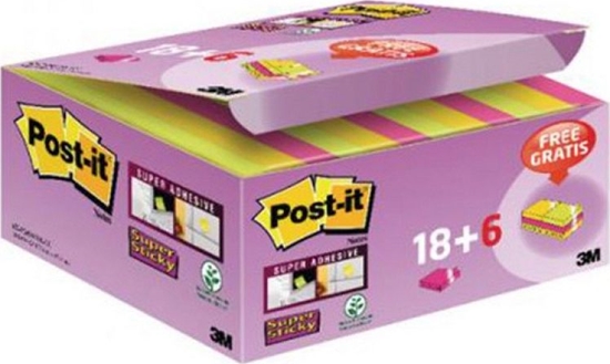 Picture of Post-it Karteczki samoprzylepne POST-IT Super Sticky (622-P24SSCOL), 47,6x47,6mm, 18+6x90 kart., mix kolorów, GRATIS