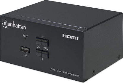 Attēls no Manhattan HDMI KVM Switch 2-Port, 4K@30Hz, USB-A/3.5mm Audio/Mic Connections, Cables included, Audio Support, Control 2x computers from one pc/mouse/screen, USB Powered, Black, Three Year Warranty, Boxed