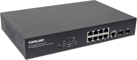 Picture of Intellinet 8-Port Gigabit Ethernet PoE+ Web-Managed Switch with 2 SFP Ports, IEEE 802.3at/af Power over Ethernet (PoE+/PoE) Compliant, 140 W, Endspan, Desktop, 19" Rackmount (Euro 2-pin plug)