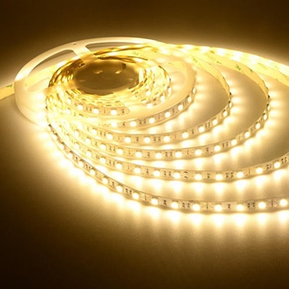 Attēls no LED Lentes (12V, 5W/m, 3000K, IP20) komplekts ar dimmeri un barošanas bloku. Garums 5 metri.