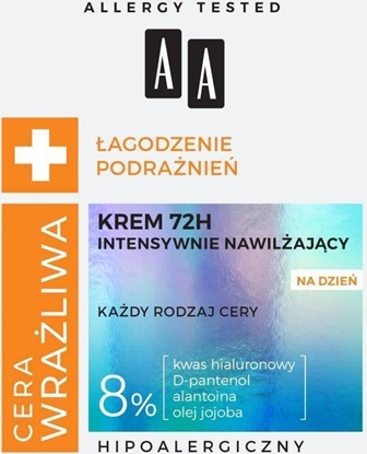 Изображение AA Cera Wrażliwa Łagodzenie Podrażnień 72H intensywnie nawilżający krem do każdego rodzaju cery na dzień 50ml