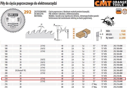 Изображение CMT PIŁA DO CIĘCIA POPRZECZNEGO, OBRÓBKA WYKAŃCZAJĄCA HM 210x30x2,8/1,8 Z=48 CMT292.210.48M