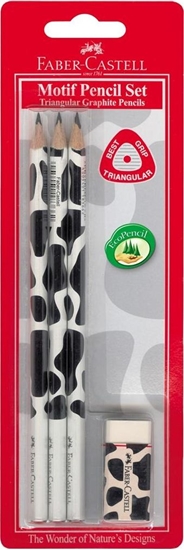 Изображение Faber-Castell Ołówki trójkątne motyw krowa 3szt. + gumka blister (118390 FC)