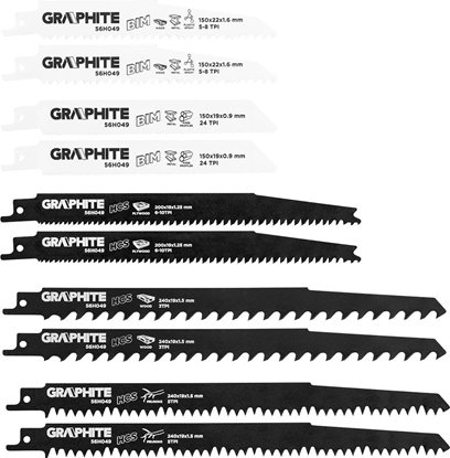 Attēls no Graphite Brzeszczoty bagnetowe (Brzeszczoty do piły szablastej, HCS/BIM, zestaw 10 szt.)