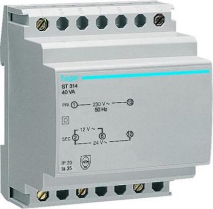 Attēls no Hager Transformator bezpieczeństwa modułowy 230/12-24V AC 1,04-2,08A 25VA IP20 (ST312)