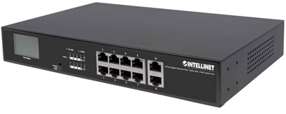 Изображение Intellinet 8-Port Gigabit Ethernet PoE+ Switch with 2 RJ45 Gigabit Uplink Ports and LCD Screen, LCD Display, IEEE 802.3at/af Power over Ethernet (PoE+/PoE) Compliant, 130 W, Endspan, 19" Rackmount (Euro 2-pin plug)