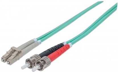 Picture of Intellinet Fiber Optic Patch Cable, OM3, ST/LC, 10m, Aqua, Duplex, Multimode, 50/125 µm, LSZH, Fibre, Lifetime Warranty, Polybag