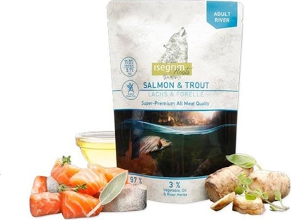 Attēls no Isegrim Isegrim Salmon & Trout - mokra karma dla dorosłych psów, łosoś z pstrągiem i ziołami rzecznymi, saszetka 410g