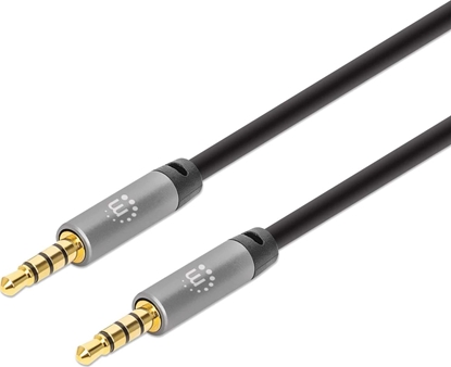 Attēls no Manhattan Stereo Audio 3.5mm Cable, 2m, Male/Male, Slim Design, Black/Silver, Premium with 24 karat gold plated contacts and pure oxygen-free copper (OFC) wire, Lifetime Warranty, Polybag