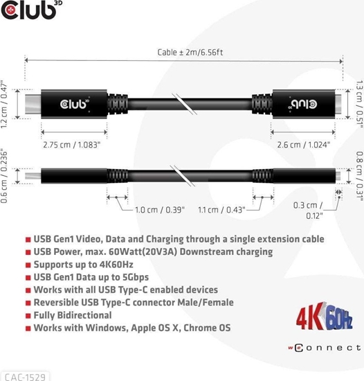 Изображение Kabel USB Club 3D USB-C - USB-C 2 m Czarny (CAC-1529)