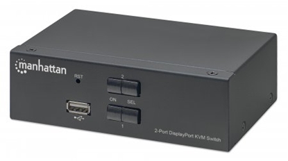 Изображение Manhattan DisplayPort 1.2 KVM Switch 2-Port, 4K@60Hz, USB-A/3.5mm Audio/Mic Connections, Cables included, Audio Support, Control 2x computers from one pc/mouse/screen, USB Powered, Black, Three Year Warranty, Boxed