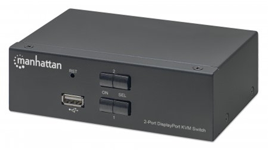 Picture of Manhattan DisplayPort 1.2 KVM Switch 2-Port, 4K@60Hz, USB-A/3.5mm Audio/Mic Connections, Cables included, Audio Support, Control 2x computers from one pc/mouse/screen, USB Powered, Black, Three Year Warranty, Boxed