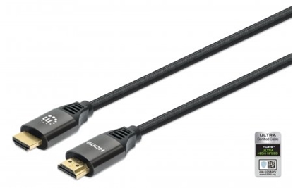 Изображение Manhattan HDMI Cable with Ethernet, 8K@60Hz (Ultra High Speed), 2m (Braided), Male to Male, Black, 4K@120Hz, Ultra HD 4k x 2k, Fully Shielded, Gold Plated Contacts, Lifetime Warranty, Polybag