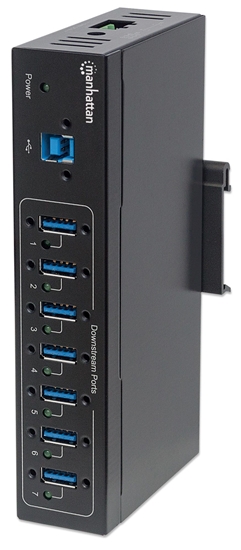 Изображение Manhattan USB-A 7-Port Hub Industrial, 7x USB-A Ports, 5 Gbps (USB 3.2 Gen1 aka USB 3.0), 20 kV ESD Protection, A/C, Bus and Terminal-Block Power Options, DIN Rail, Wall Mountable, Metal Housing, Screw-Lock Security, SuperSpeed USB, Black, Three Year Warr