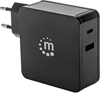 Picture of Manhattan Wall/Power Mobile Device Charger (Euro 2-pin), USB-C and USB-A ports, USB-C Output: 60W / 3A, USB-A Output: 2.4A, Black, Phone Charger, Three Year Warranty, Box