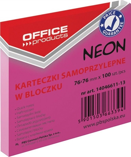 Picture of Office Products Bloczek samoprzylepny OFFICE PRODUCTS, 76x76mm, 1x100 kart., neon, różowy