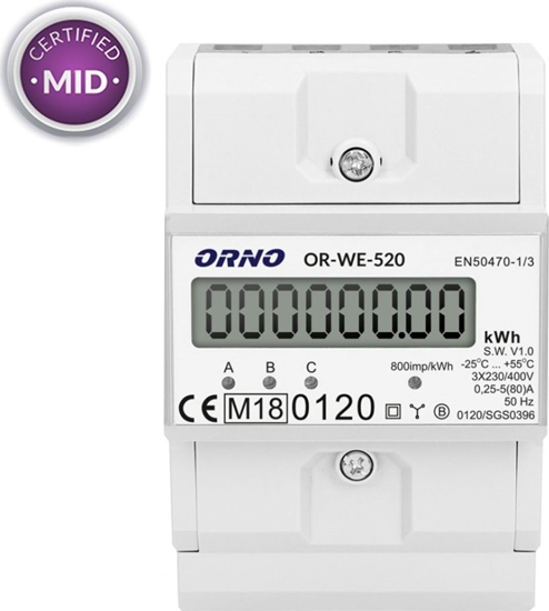 Изображение Orno 3-fazowy licznik energii elektrycznej, 80A, MID, 3 moduły, DIN TH-35mm