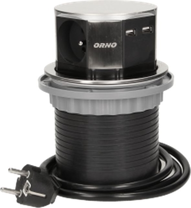 Изображение Orno Gniazdo meblowe ?10cm wysuwane z blatu z ładowarką USB i przewodem 1,5m, 3x2P+Z, 2xUSB, INOX